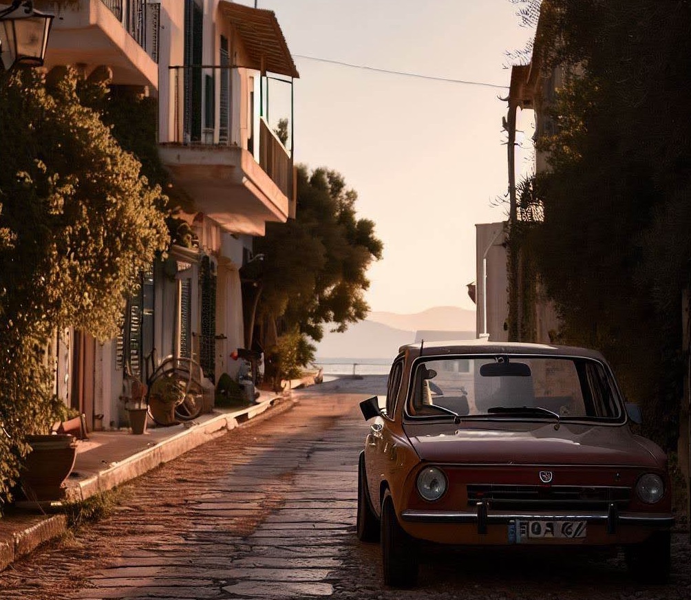 kinds of imagination, car, Greek island road