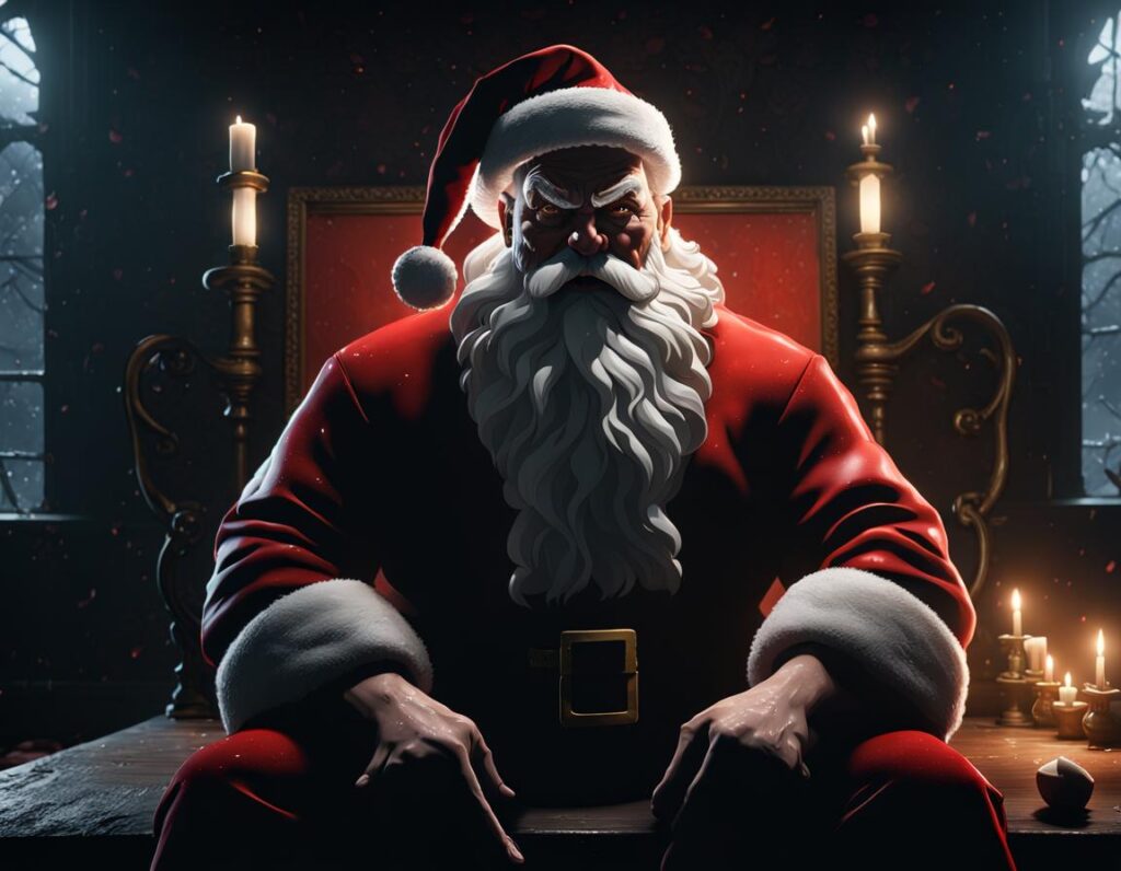 Santa Emotional Abuser - AI render of an angry Santa sitting in a chair