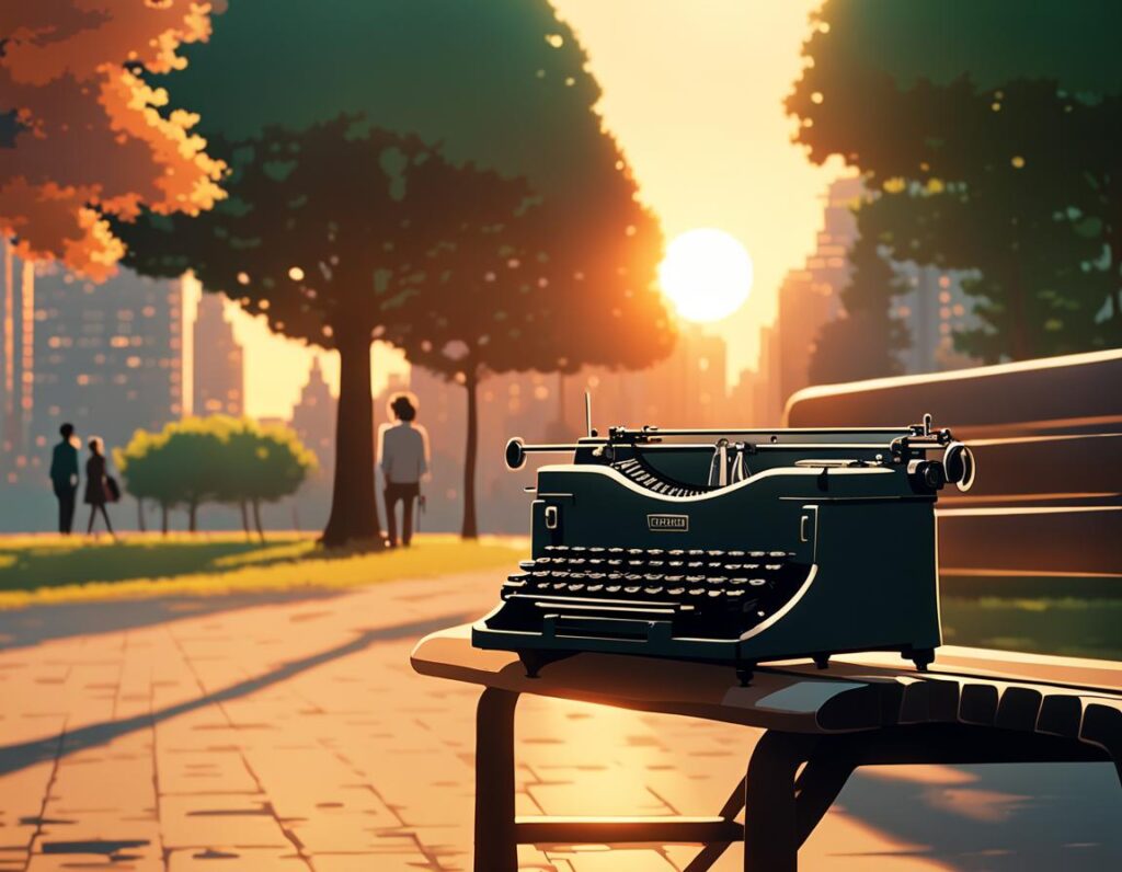 writing Violet Evergarden style – a typewriter against the sunset
