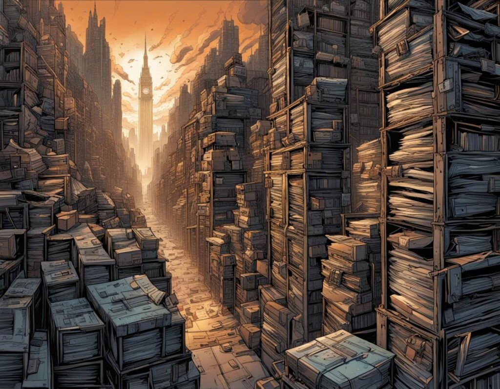 strengths and weaknesses as a writer, AI render of a dystopian city made of files and folders