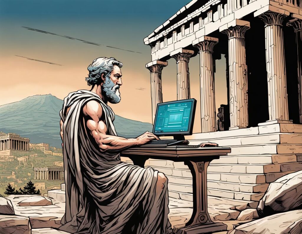 Linux free, not peaceful; AI render of Thucydides using a computer on Acropolis