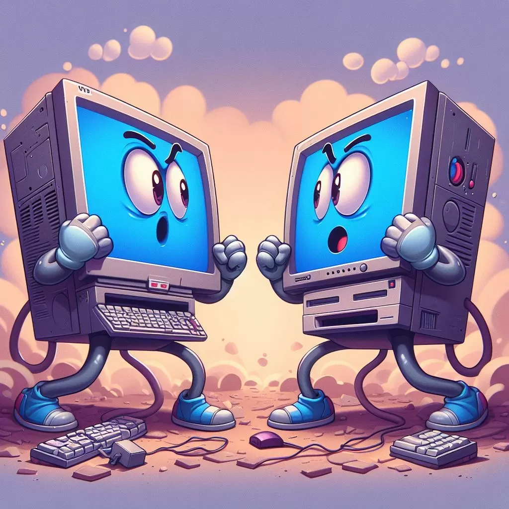 ChatGPT vs Gemini Turing test: AI render of two cartoon computers facing each other